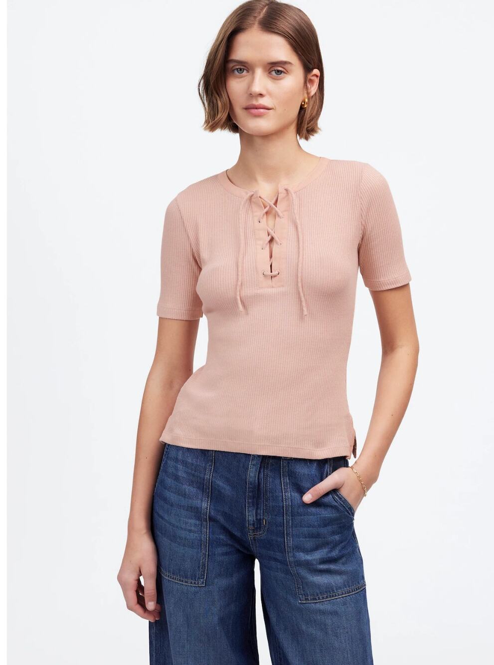 Madewell Ribbed Lace-Up Short-Sleeve Tee in Pale Blush Pink Size XS
